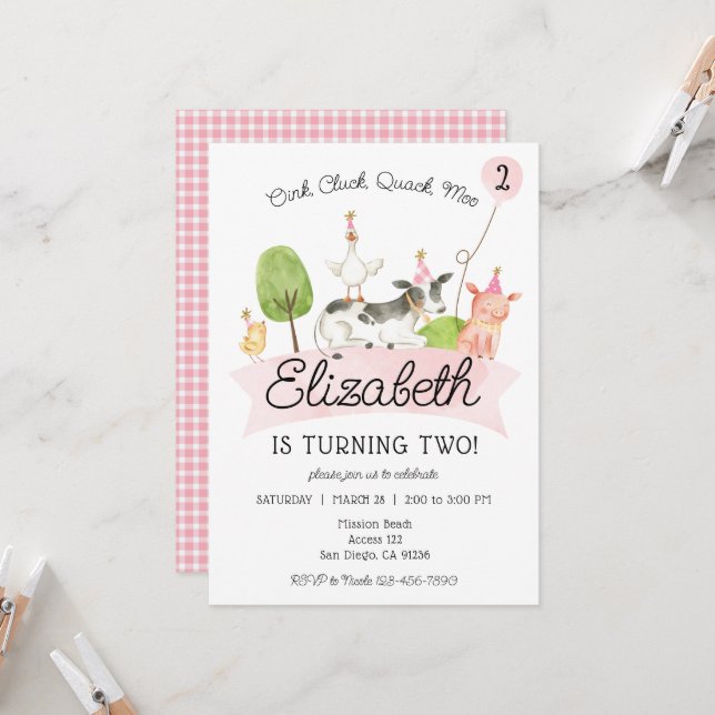 Invitation Oink Baa Quack Moo Girls Barnyard Anniversaire Fêt (Devant/Arrière en situation)