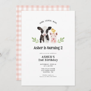 Invitation Oink Cluck Moo Rose En vichy Animaux de ferme Anni