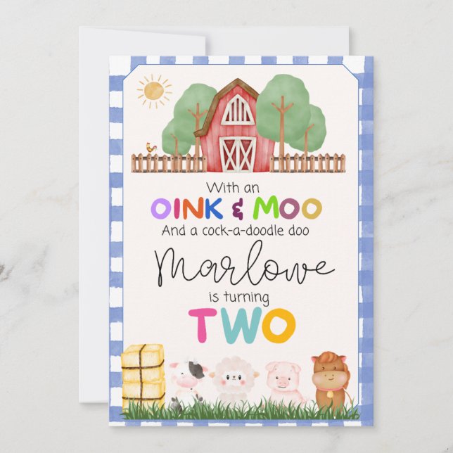 Invitation Oink & Moo Cute Farm deuxième Anniversaire Invitat (Devant)