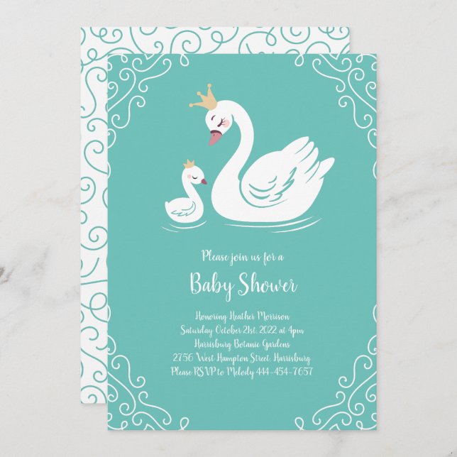 Invitation Oiseau Baby shower cygne avec thème Couronne Turqu (Devant / Derrière)