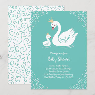 Invitation Oiseau Baby shower cygne avec thème Couronne Turqu