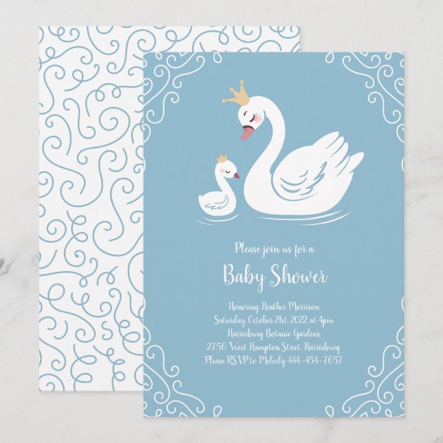 Invitation Oiseau Baby shower de cygnes bleus avec couronne (Devant / Derrière)