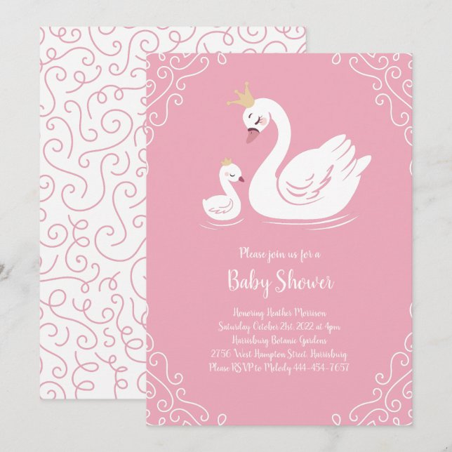 Invitation Oiseau Baby shower de cygnes roses avec couronne (Devant / Derrière)