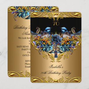 Invitation Oiseau Bleu doré Élégant Noir 70e Anniversaire