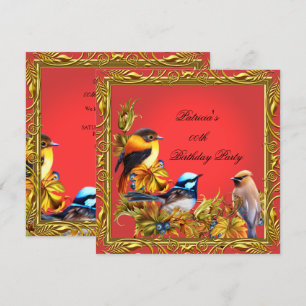 Invitation Oiseau Bleu Élégant Rouge Or Fête d'anniversaire