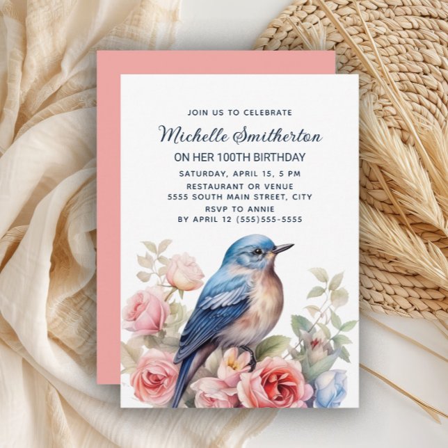 Invitation Oiseau bleu Fleurs roses 100e anniversaire (Blue bird and pink floral 100th birthday party invitation)