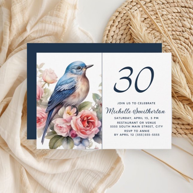 Invitation Oiseau Bleu Fleurs Roses 30e Anniversaire (Blue bird and pink flowers 30th birthday party invitation)