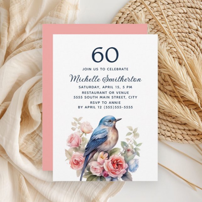 Invitation Oiseau Bleu Fleurs Roses 60e Anniversaire (Blue bird and pink floral 60th birthday party invitation)