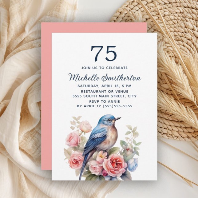 Invitation Oiseau Bleu Fleurs Roses 75e Anniversaire (Blue bird and pink floral 75th birthday invitation)