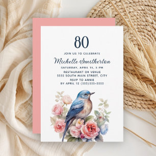 Invitation Oiseau bleu Fleurs roses 80e anniversaire