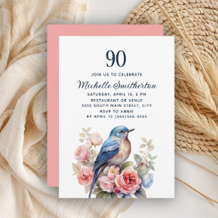 Invitation Oiseau Bleu Fleurs Roses 90e Anniversaire