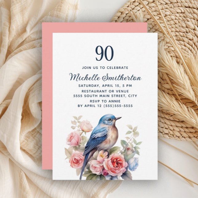 Invitation Oiseau Bleu Fleurs Roses 90e Anniversaire (Blue bird and pink floral 90th birthday invitation)