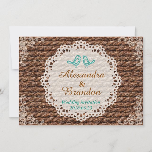 Invitation Oiseau bleu rustique et dentelle ronde sur corde (Devant)