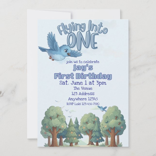Invitation Oiseau Bleu Volant dans Un, 1er Anniversaire (Devant)