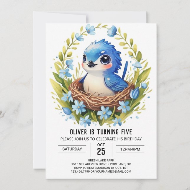 Invitation Oiseau chanteur Elegant Forest Bird Anniversaire (Devant)