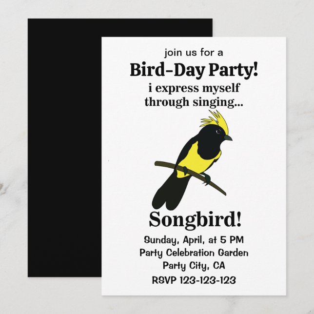 Invitation Oiseau chanteur Mésange Oiseau Drôle Anniversaire  (Devant / Derrière)