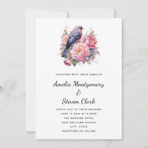Invitation Oiseau chanteur perché sur des pivoines roses mari