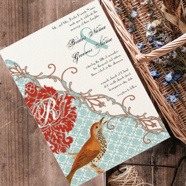 Invitation Oiseau d'amour rouge (plus rouge) Endive Damask Ma (Créateur téléchargé)