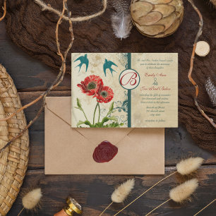 Invitation Oiseau d'amour rouge sarcelle dentelle damas pavot