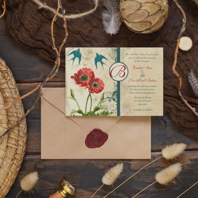 Invitation Oiseau d'amour rouge sarcelle dentelle damas pavot (Créateur téléchargé)