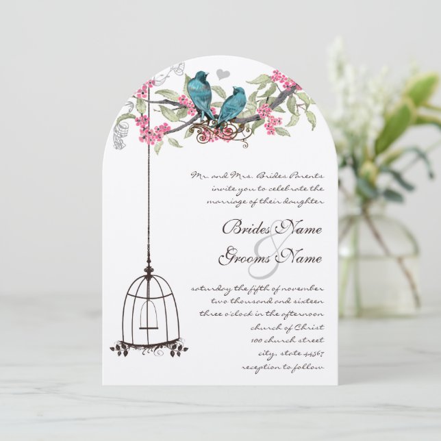 Invitation Oiseau d'amour turquoise Abricot rose pêche Cage à (Debout devant)