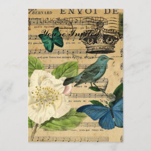 Invitation Oiseau de couronne vintage Music Notes botaniques
