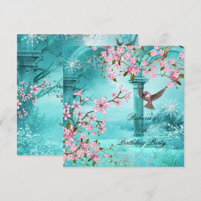 Invitation Oiseau Fête d'anniversaire Fleur rose sarcelle asi (Devant / Derrière)