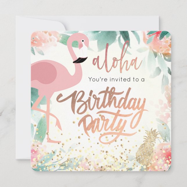 Invitation oiseau flamant rose fête d'anniversaire tropicale (Devant)