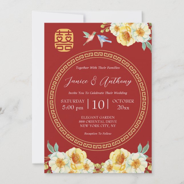 Invitation Oiseau fleuri jaune élégant mariage chinois rouge (Devant)