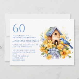 Invitation Oiseau Maison d'oiseau Bleu Fleurs Jaunes 60e Anni