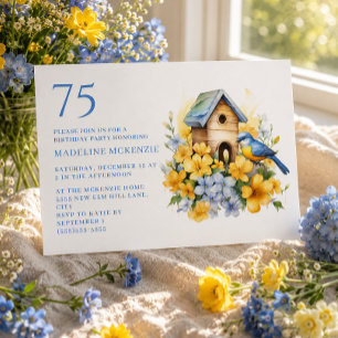 Invitation Oiseau Maison d'oiseau Bleu Fleurs Jaunes 75e Anni