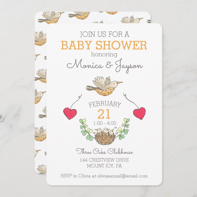 Invitation Oiseau mama le plus doux survolant le Baby shower  (Devant / Derrière)
