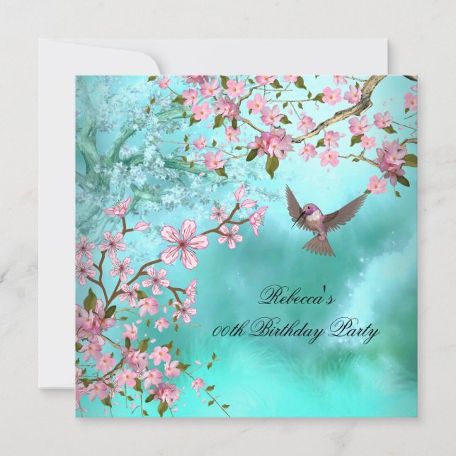 Invitation Oiseau sarcelle Fleur asiatique rose Fête d'annive (Devant)