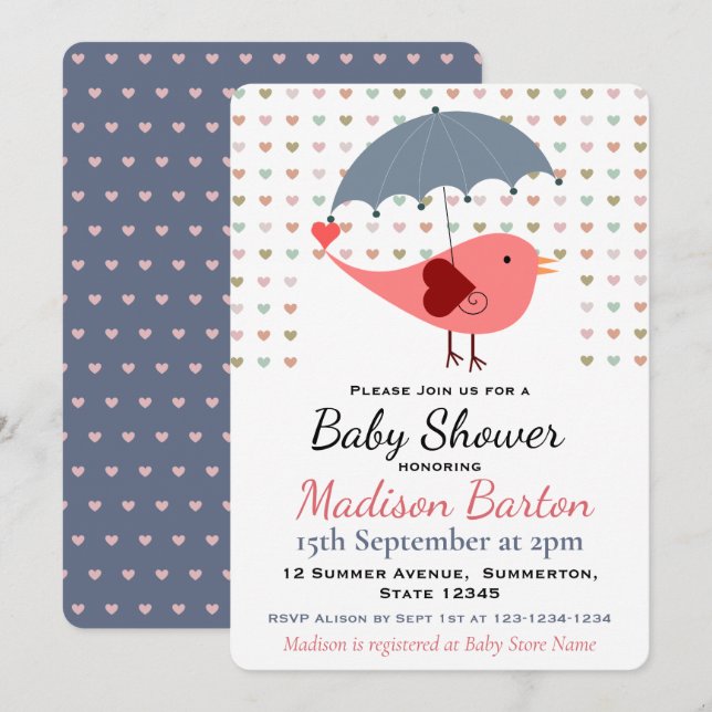 Invitation Oiseau sous parapluie Baby shower Coeurs pluviants (Devant / Derrière)
