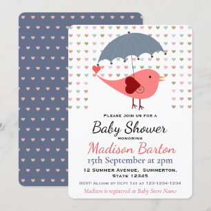 Invitation Oiseau sous parapluie Baby shower Coeurs pluviants