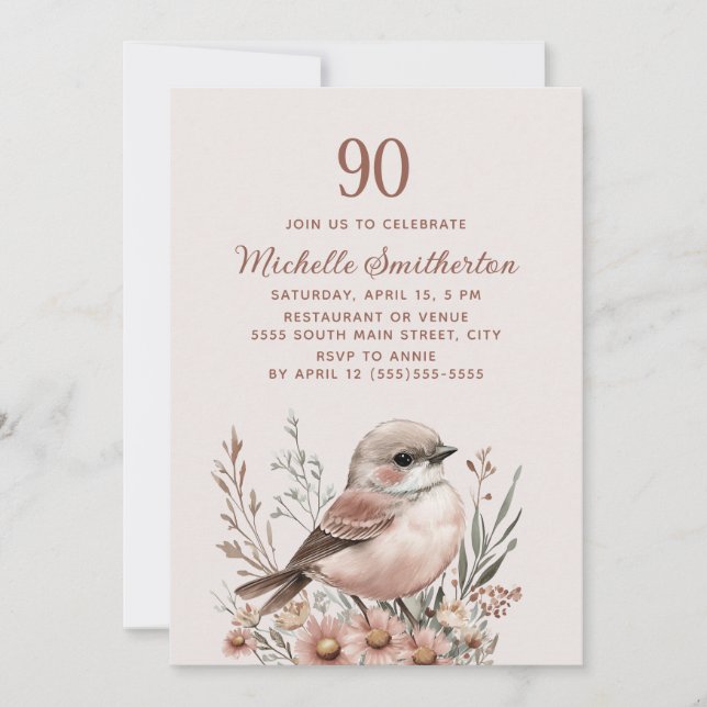 Invitation Oiseau Terre Cuite Rose 90e Anniversaire (Devant)