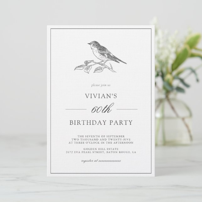 Invitation Oiseau vintage Noir et blanc 60e anniversaire (Debout devant)