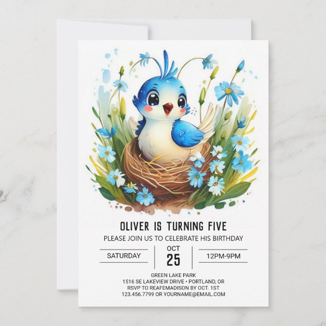 Invitation Oiseau Whimsical Bohème Bleu Anniversaire (Devant)