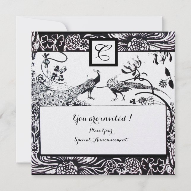 Invitation OISEAUX AMOUREUX MONOGRAMME Mariage Noir, Blanc Pe (Devant)