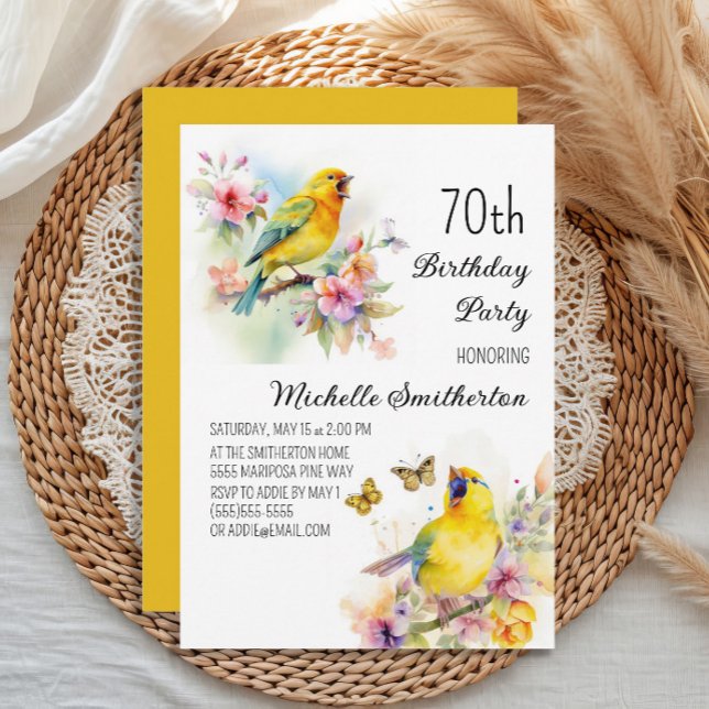Invitation Oiseaux Antiques Canaris Fleurs 70e Anniversaire (Yellow canary women's 70th birthday party invitation)