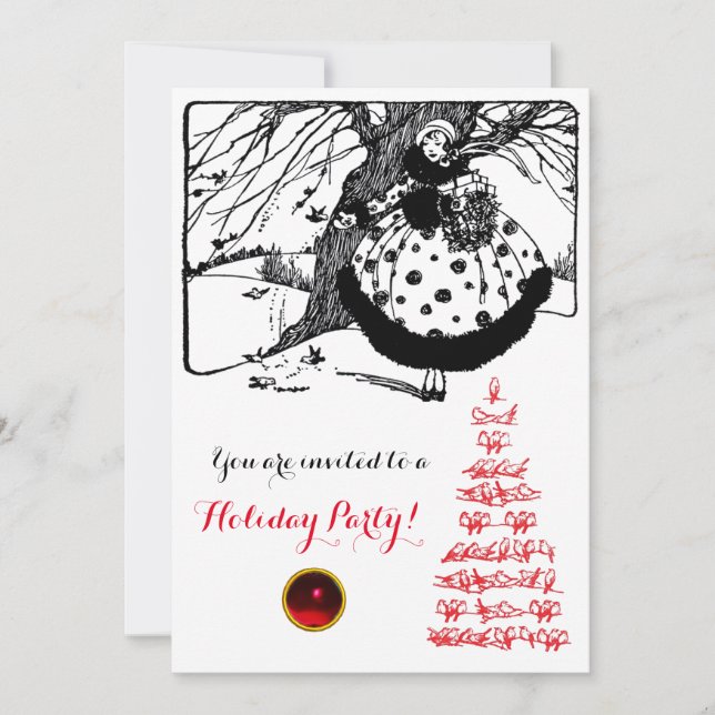 Invitation OISEAUX ARBRE ET CHRISTMAS LADY Black White Red Ge (Devant)
