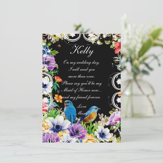 Invitation Oiseaux Bleus & Botanique Floral Maid Of Honor (Debout devant)