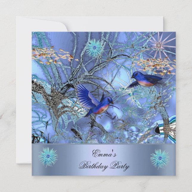 Invitation Oiseaux bleus enchantés de fête d'anniversaire (Devant)