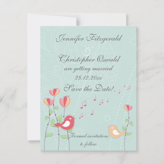 Invitation Oiseaux chantants avec fleurs Sauvez la date (Devant)