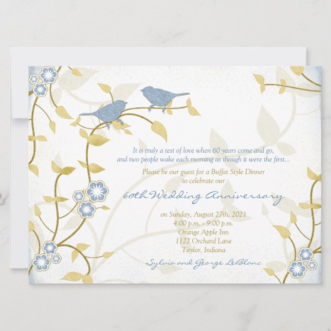 Invitation Oiseaux chanteurs bleu or diamant mariage annivers (Devant)