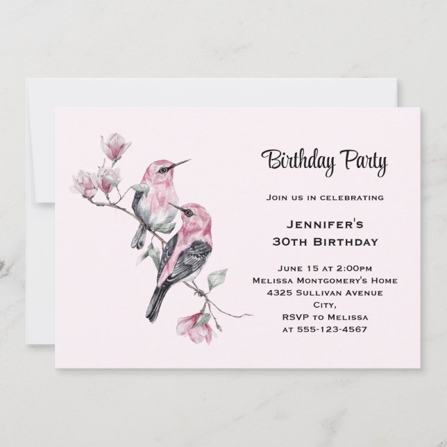 Invitation Oiseaux-chanteurs roses sur une branche d'arbre An (Devant)