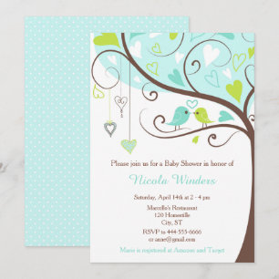 Invitation Oiseaux Coeurs Arbre Baby shower bleu et vert