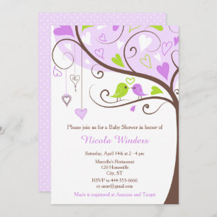Invitation Oiseaux Coeurs Arbre Pourpre et Baby shower vert