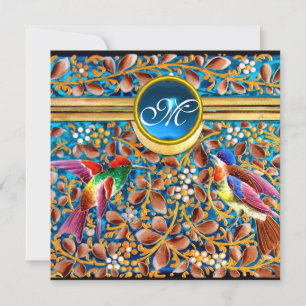INVITATION OISEAUX COLORÉS ET TOURBILLONS FLORAUX MONOGRAMME 