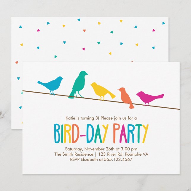 Invitation Oiseaux colorés Fête d'anniversaire (Devant / Derrière)